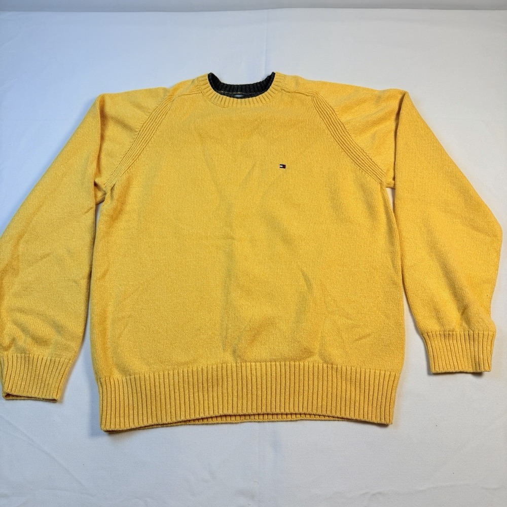 Tommy Hilfiger Sweater Men's M Yellow Essential Mini Flag‎ Logo Vintage Round